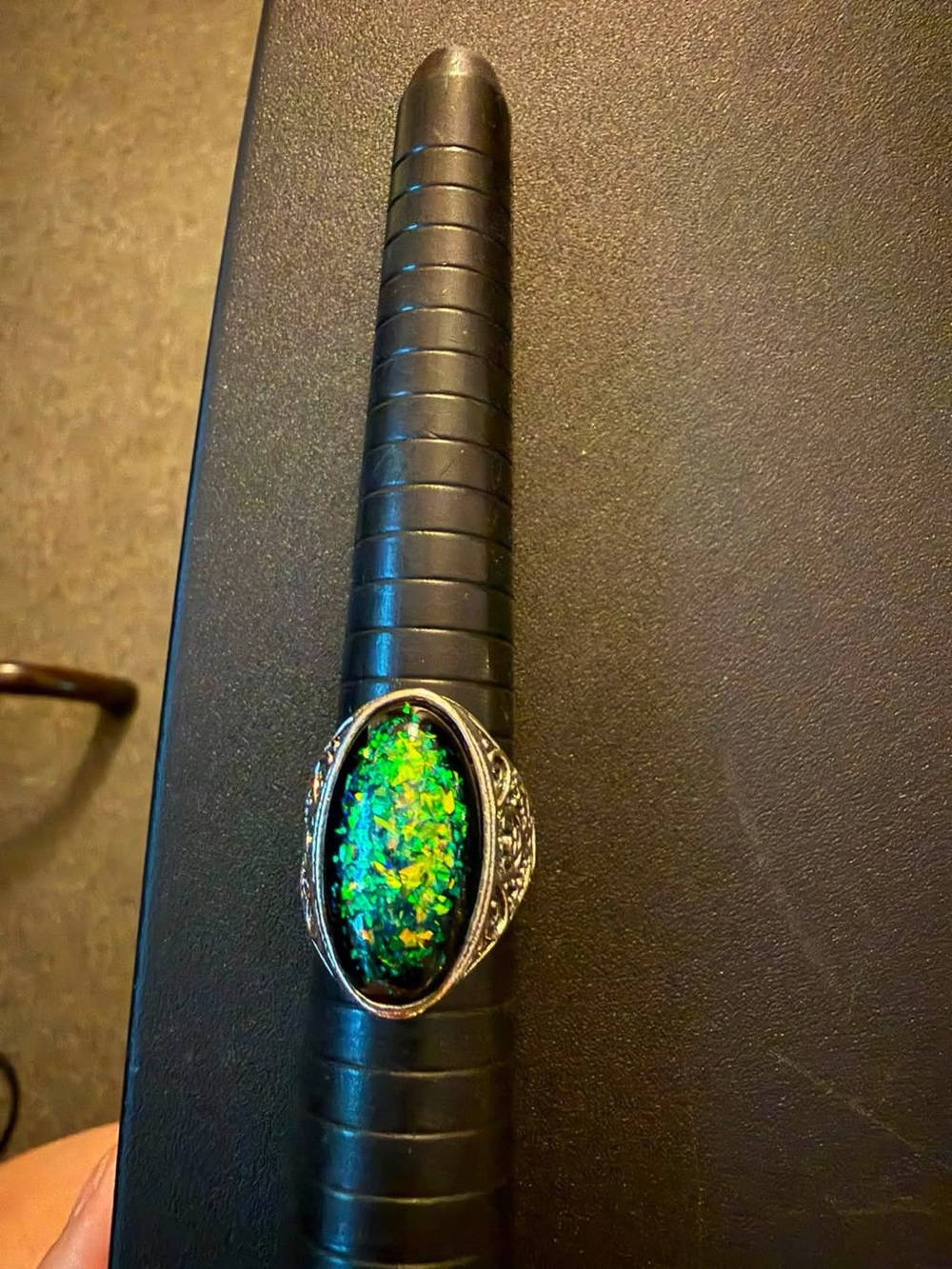 Green Opal Teardrop Statement Ring in Silver Tone